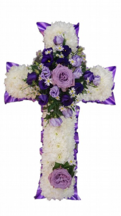 Based Cross - At Sarah Coxon Floral Design we are delighted to present this product available for flower delivery in Mid and North Norfolk. 

A based cross is a traditional funeral tribute, it is based in white Chrysanthemums, and is edged in hand pleated ribbon in a colour co-ordinating waterproof ribbon. The spray of flowers on top of the cross is raised above the Chrysanthemums and includes a beautiful selection of Roses, spray Carnations and other flowers to complement the design. 

The flowers are arranged in water retaining foam (oasis) to ensure maximum freshness.

The sizes are as follows : standard - 2ft

                                     deluxe - 3ft

                                     luxury - 4ft

Please contact me if you would like a larger cross.                              

 

We deliver directly to all of the local funeral directors and will contact them to confirm a delivery time.

 

Our flowers at Sarah Coxon Floral Design arrive fresh from the Dutch auctions every day so you can be rest assured we are using the best quality of flowers available. 

If you would like to choose a colour scheme, please state this in the special request box. Suggested colour schemes are red and white, yellow and white, pink and white and peach and white. If no colours have been selected we will use the same colours as the picture.