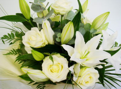 White Handtied - This Lily and Rose Hand-Tied bouquet is absolutely stunning in White and Cream!

The long stemmed Roses and heavily scented oriental Lilies are perfect together as they complement each other to create a stiking floral display. The beautiful blooms are teamed up with mixed foliage.

The Hand-Tied bouquet is arranged in the hand and tied in a bunch, with the stems cut level to create a sprial effect. The stems are wrapped securely with patterned cellophane and ribbon to hold a water reservoir so the flowers are delivered in water.

The flowers are gift wrapped in colour co-ordinated tissue paper and patterened cellophane. Together with the flower food to ensure longer life and your personal card message, this is the complete package which will sure to be admired by all!

These beautiful blooms are delivered daily fresh from the Dutch auctions, so you can be rest assured you will be sending the best quality of flowers there is.