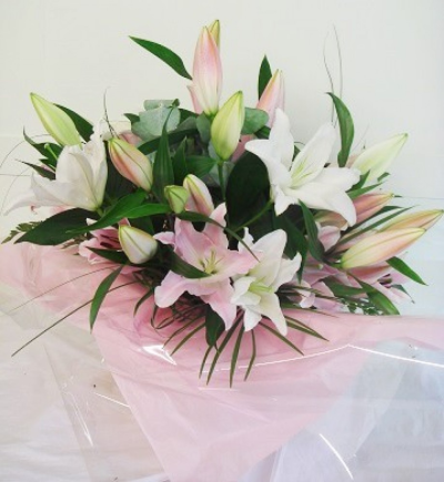 Lily Hand-Tied - A beautiful display of heavily scented oriental Lilies.

Lilies are increasily popular with people of all ages, the heavily scent whaich are also long lasting makes this bouquet a firm favourite.

The Hand-Tied bouquet is arranged in the hand and tied in a bunch, with the stems cut level to create a sprial effect. The stems are wrapped securely with patterned cellophane and ribbon to hold a water reservoir so the flowers are delivered in water.

The flowers are gift wrapped in colour co-ordinated tissue paper and patterened cellophane. Together with the flower food to ensure longer life and your personal card message, this is the complete package which will sure to be admired by all!

These beautiful blooms are delivered daily fresh from the Dutch auctions, so you can be rest assured you will be sending the best quality of flowers there is.

If you prefer all white or all pink lilies, please state this in the special request box.