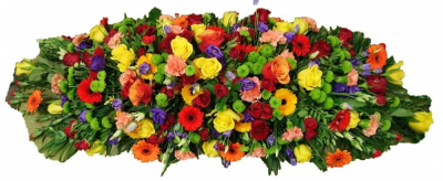 Rainbow Spray - This is a beautiful natural looking spray which is designed to rest on top of a casket. It contains a variety of mixed flowers in the colour of the rainbow from reds through to purple.

 

This stunning spray includes Roses, Chrysanthemums and Mini Gerbera as well as other seasonal flowers and foliages available at the time.

 

The Rainbow spray has been arranged in water retaining foam (oasis) to ensure maximum freshness and is available in 3 sizes.

 

Standard size is 4ft

 

Deluxe size is 5ft

 

Luxury size will be the full length

 

We deliver directly to all of the local funeral directors and will contact them to confirm a delivery time and to ensure we make the correct size if a full sized spray is ordered.

 

Our flowers at Sarah Coxon Floral Design arrive fresh from the Dutch auctions every day so you can be rest assured we are using the best quality of flowers available.

 

At Sarah Coxon Floral Design we are delighted to present this product available for flower delivery in Mid and North Norfolk.